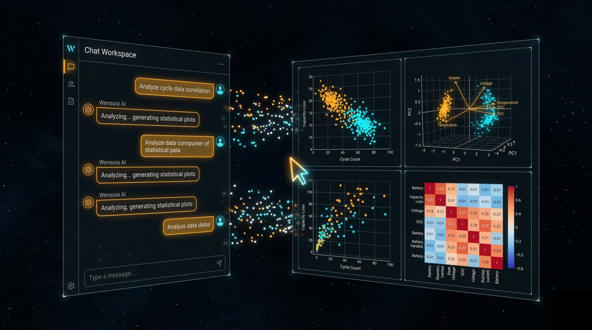 Wensura AI data copilot chat workspace showing conversational analysis with scatter plots, PCA biplot, and correlation heatmap for battery research data